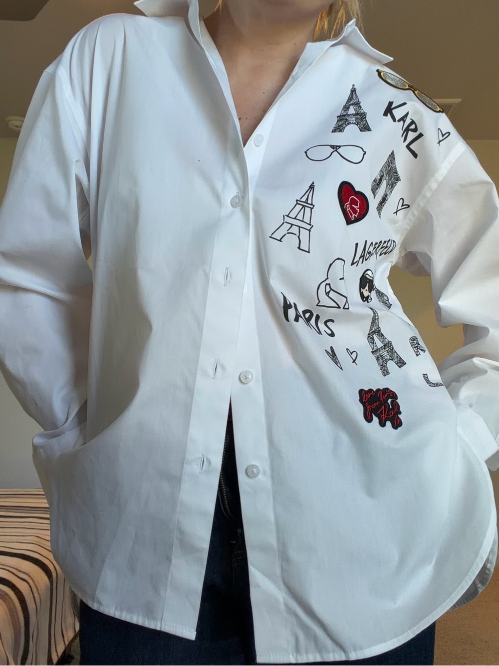 Karl Lagerfeld Paris White Graphic Oversized Button Down Shirt